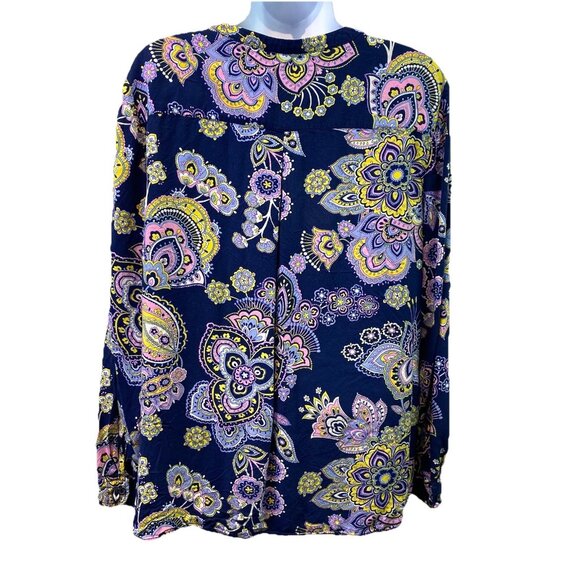Talbots Womens Tunic Top Navy Blue Pink Paisley Button LS Classic Career Sz L - Picture 3 of 9